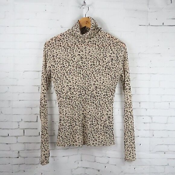 FATE GOLD TAN BROWN LEOPARD PRINT TURTLE NECK LONG SLEEVE STRETCHY SHEER TOP - Picture 1 of 10